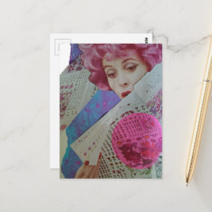 Beautiful Pink Hair Retro Lady Mixed Media Collage Postcard