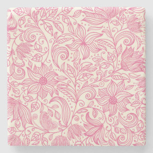 Beautiful Pink Hand Drawn Floral Sketch Drawing Stone Coaster