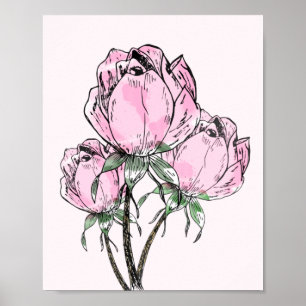Beautiful Pink Hand Drawn Roses Poster