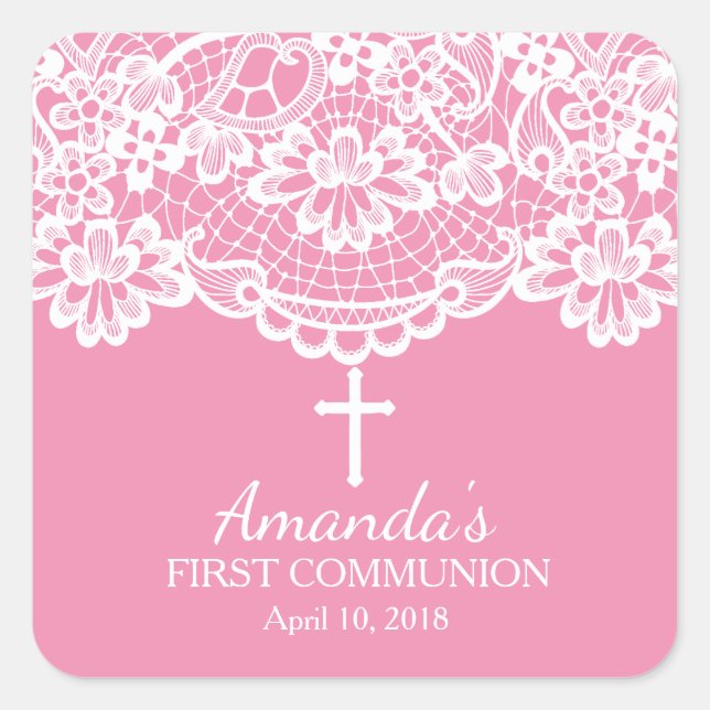 Beautiful Pink Lace First Holy Communion Sticker (Front)