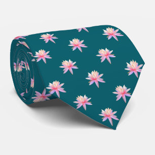 Beautiful Pink Lily Lotus Flower Pattern on Teal Tie
