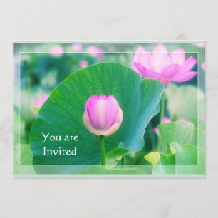 Beautiful Pink Lotus Bud Flower Green Leaf Blossom Invitation