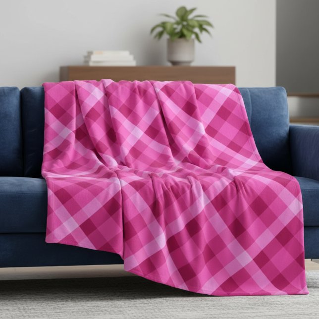 Beautiful Pink Magenta Plaid Large Fleece Blanket (Beautiful Pink Magenta Plaid Large Fleece Blanket draped on a blue sofa in a living room.)