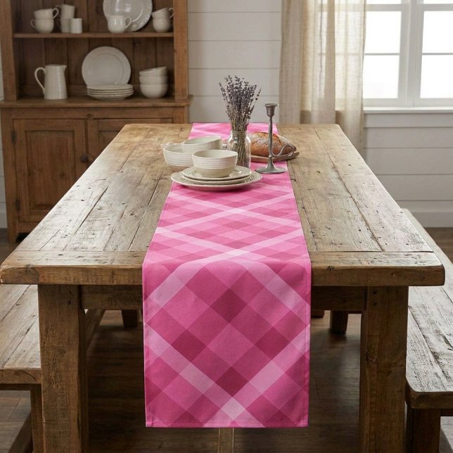 Beautiful Pink Magenta Plaid Large Table Runner (Beautiful Pink Magenta Plaid Large Table Runner draped on a table in a farmhouse style dining room.)