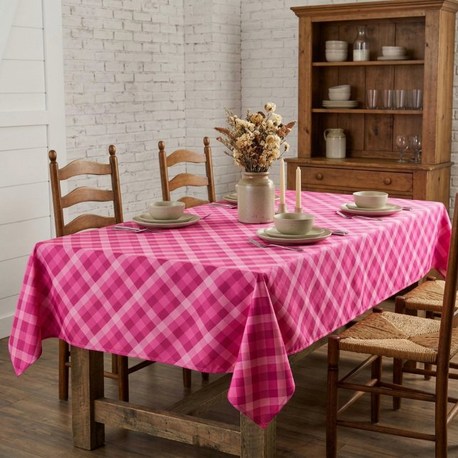 Beautiful Pink Magenta Plaid Medium Tablecloth (Beautiful Pink Magenta Plaid Medium Tablecloth covering a table in a farmhouse style dining room.)
