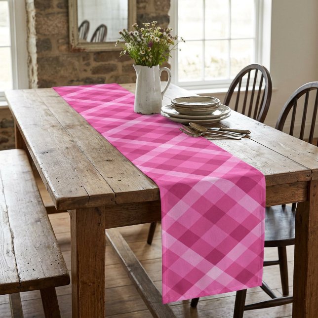 Beautiful Pink Magenta Plaid Small Table Runner (Beautiful Pink Magenta Plaid Small Table Runner draped on a table in a farmhouse style dining room.)