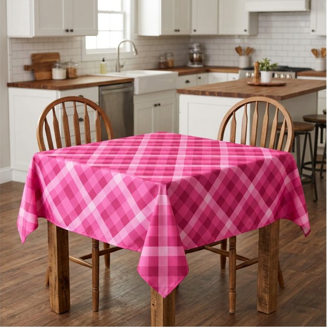 Beautiful Pink Magenta Plaid Small Tablecloth (Beautiful Pink Magenta Plaid Small Tablecloth covering a small table in a farmhouse style kitchen.)