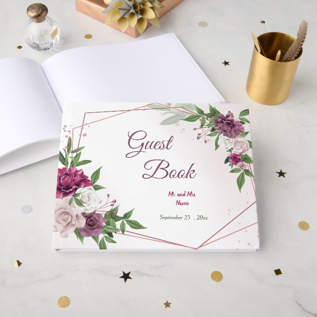 beautiful pink mauve burgundy flowers geometric guest book (Front Open)