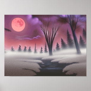 Beautiful Pink Midnight Foggy Forest Full Moon Poster