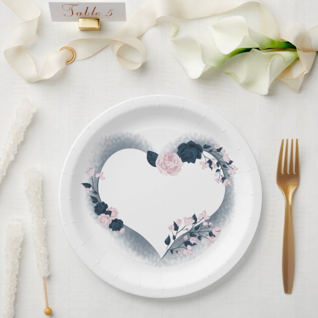 Beautiful pink & navy floral heart paper plate (Wedding)