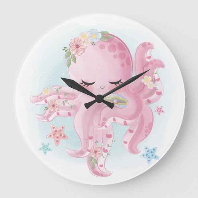 Beautiful Pink Octopus Large Clock (Front)