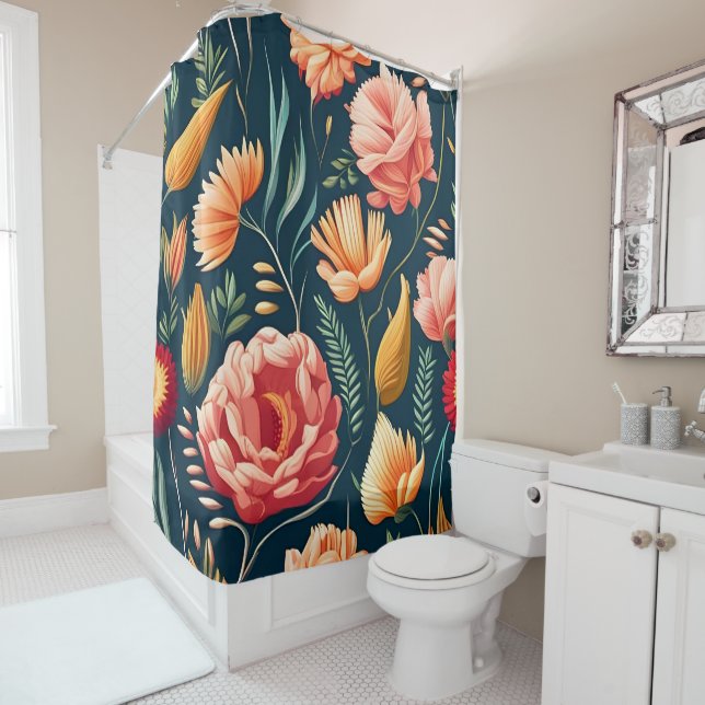 Beautiful Pink, Orange, and Red Flower Pattern  Shower Curtain (In Situ)