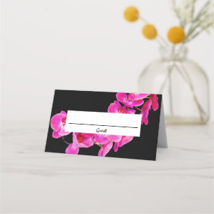Beautiful Pink Orchids On Black Wedding Place Card