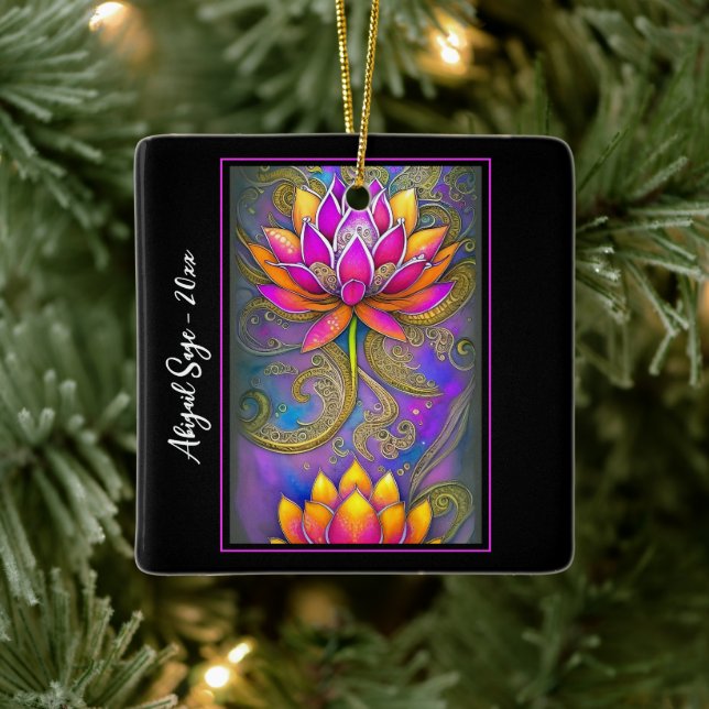 Beautiful Pink Ornate Lotus Flowers Christmas Ceramic Ornament (Tree)