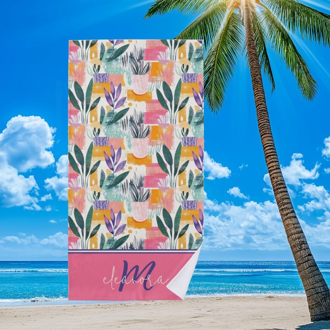 Beautiful Pink Pastel Fauvism Garden Pots Beach Towel (Creator Uploaded)
