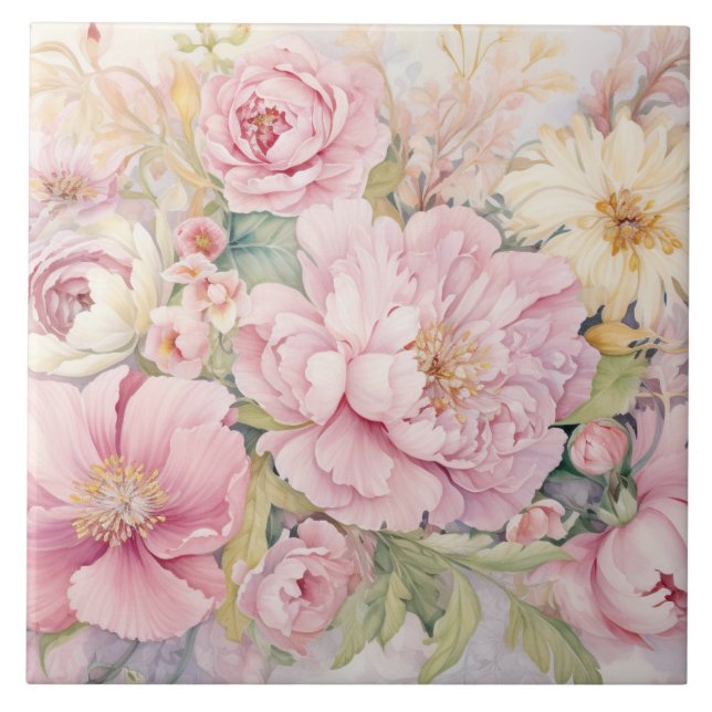 Beautiful pink peonies ceramic tile (Front)
