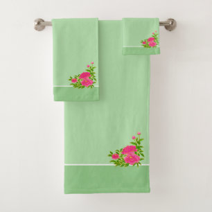 Beautiful pink peony flowers & olive green bath towel set