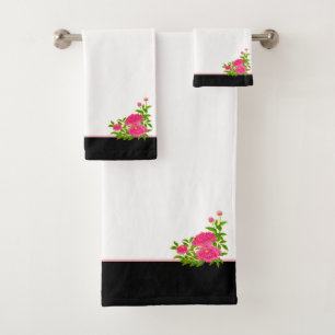 Beautiful Pink Peony Flowers on Black & White Bath Towel Set
