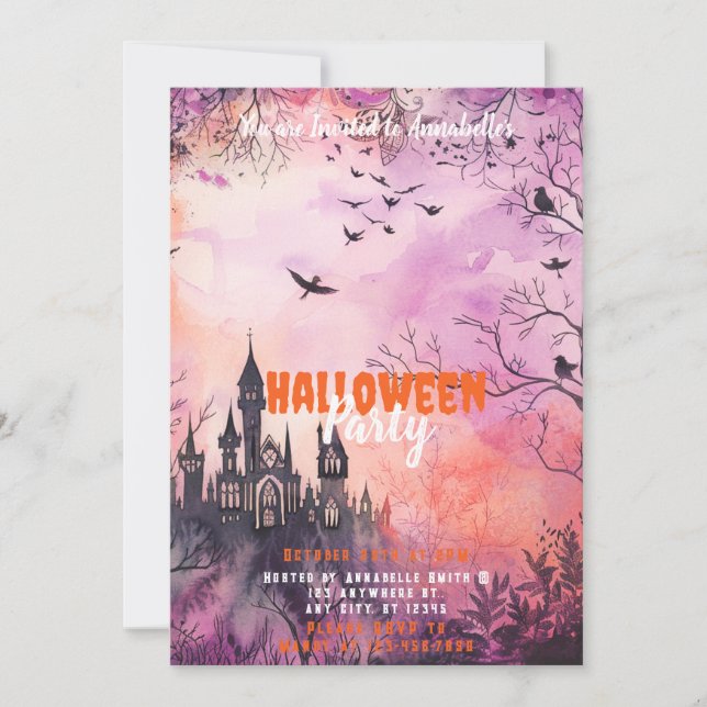 Beautiful Pink Purple Haunted Halloween Party Invitation (Front)