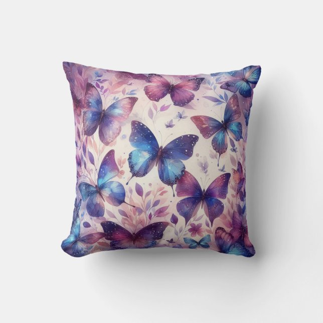 Beautiful Pink Purple Watercolor Butterfly Cushion (Front)