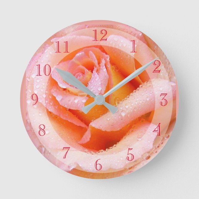 Beautiful Pink Raindrop Sprinkled Rose Round Clock (Front)