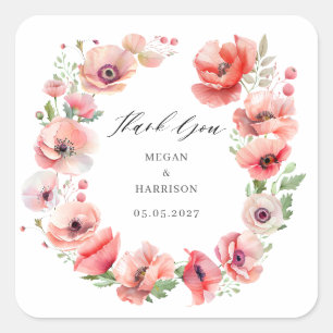 Beautiful pink red poppy flower Thank You Square Square Sticker