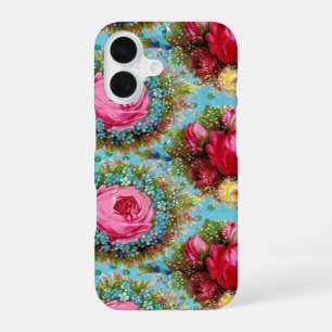 BEAUTIFUL PINK RED ROSES AND BLUE FLOWERS iPhone 16 CASE