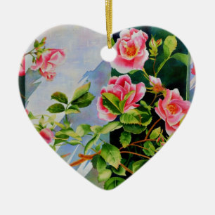 Beautiful pink, red roses, watercolor floral ceramic ornament