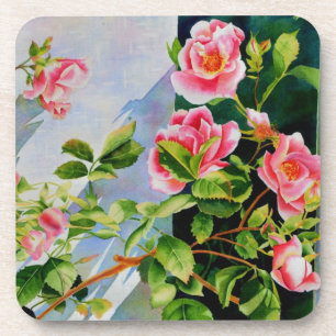 Beautiful pink, red roses, watercolor floral coaster