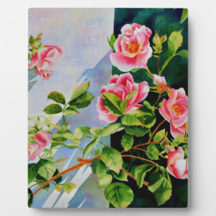 Beautiful pink, red roses, watercolor floral plaque