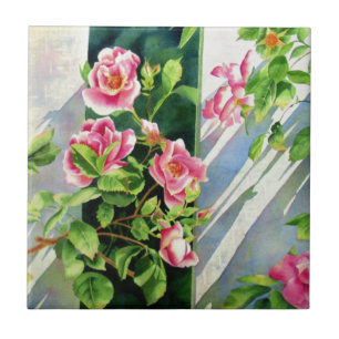 Beautiful pink red white roses watercolor floral ceramic tile