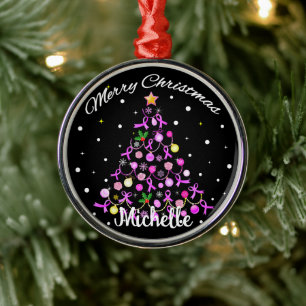Beautiful Pink Ribbon Christmas Tree Metal Ornament