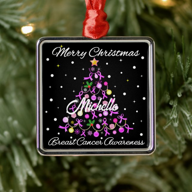 Beautiful Pink Ribbon Christmas Tree Metal Ornament (Tree)