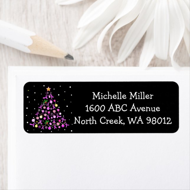 Beautiful Pink Ribbon Christmas Tree Return Address Label (Insitu)