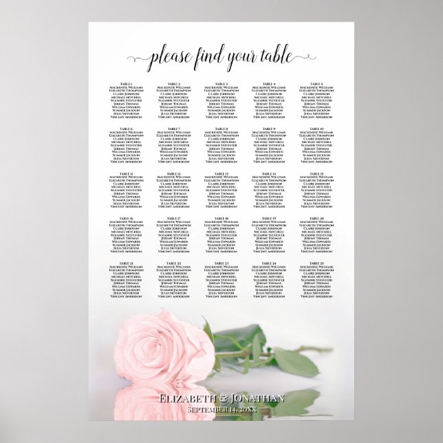 Beautiful Pink Rose 25 Table Wedding Seating Chart (Front)