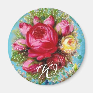 BEAUTIFUL PINK  ROSE AND BLUE FLOWERS Monogram Magnet