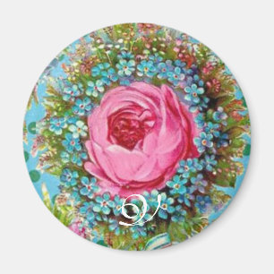 BEAUTIFUL PINK  ROSE AND BLUE FLOWERS Monogram Magnet