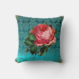 BEAUTIFUL PINK ROSE AQUA BLUE,TEAL DAMASK CUSHION