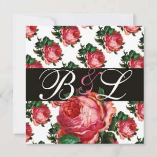 BEAUTIFUL PINK ROSE AQUA BLUE TEAL FLORAL MONOGRAM INVITATION