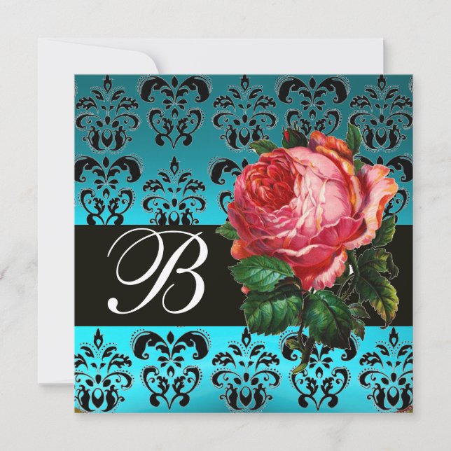 BEAUTIFUL PINK ROSE  BLUE BLACK DAMASK MONOGRAM INVITATION (Front)