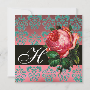 BEAUTIFUL PINK ROSE BLUE BLACK DAMASK MONOGRAM INVITATION