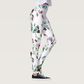 Beautiful Pink Rose & Blue Flower Floral Leggings