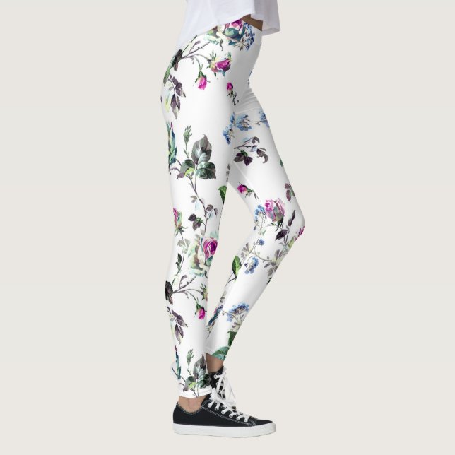 Beautiful Pink Rose & Blue Flower Floral Leggings (Right)