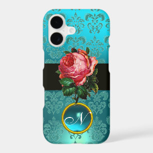 BEAUTIFUL PINK ROSE BLUE TEAL DAMASK GEM MONOGRAM