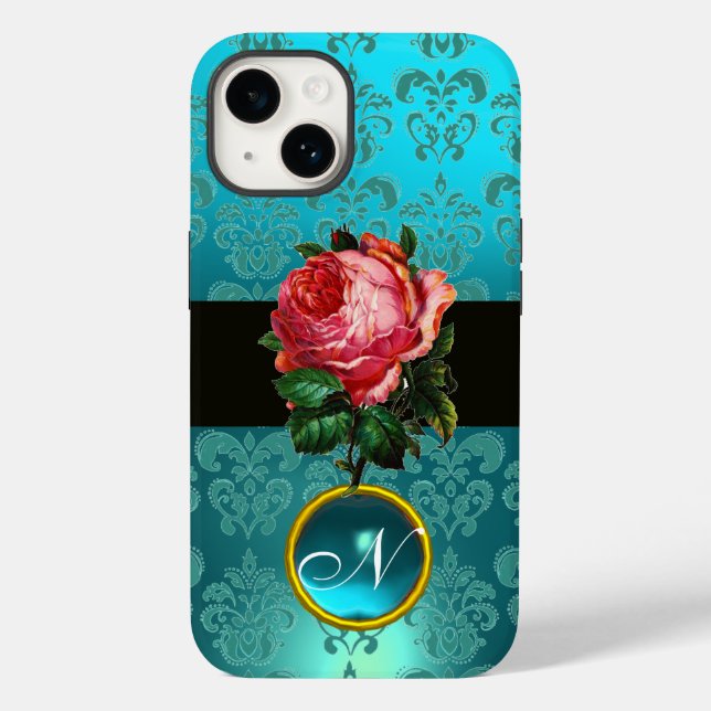 BEAUTIFUL PINK ROSE BLUE TEAL DAMASK GEM MONOGRAM Case-Mate iPhone CASE (Back)