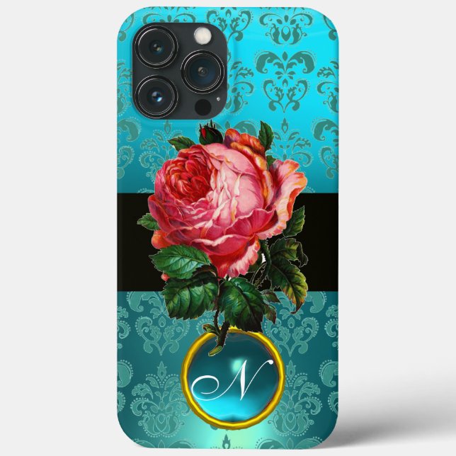 BEAUTIFUL PINK ROSE BLUE TEAL DAMASK GEM MONOGRAM Case-Mate iPhone CASE (Back)