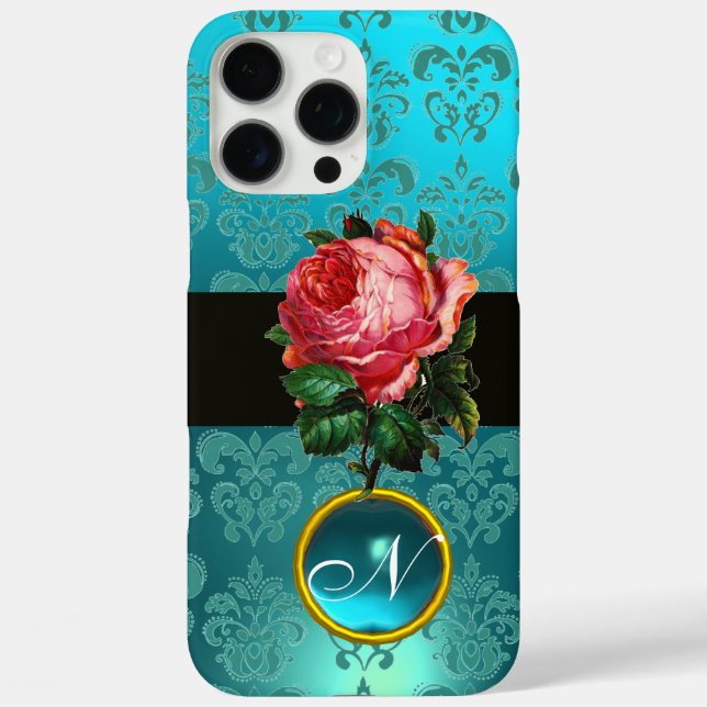 BEAUTIFUL PINK ROSE BLUE TEAL DAMASK GEM MONOGRAM Case-Mate iPhone CASE (Back)