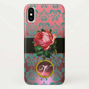 BEAUTIFUL PINK ROSE BLUE TEAL DAMASK GEM MONOGRAM iPhone X CASE
