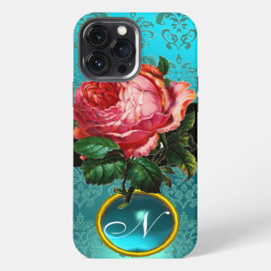 BEAUTIFUL PINK ROSE BLUE TEAL DAMASK GEM MONOGRAM iPhone CASE