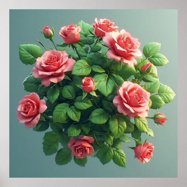 Beautiful Pink Rose Bouquet With Lush Green Leaves Poster (Front)